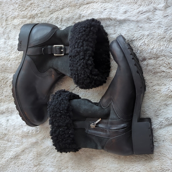 UGG Black Leather Wool Lined Edgy Moto Neutral Snow Winter Boots Womens Size 8 - Picture 7 of 10